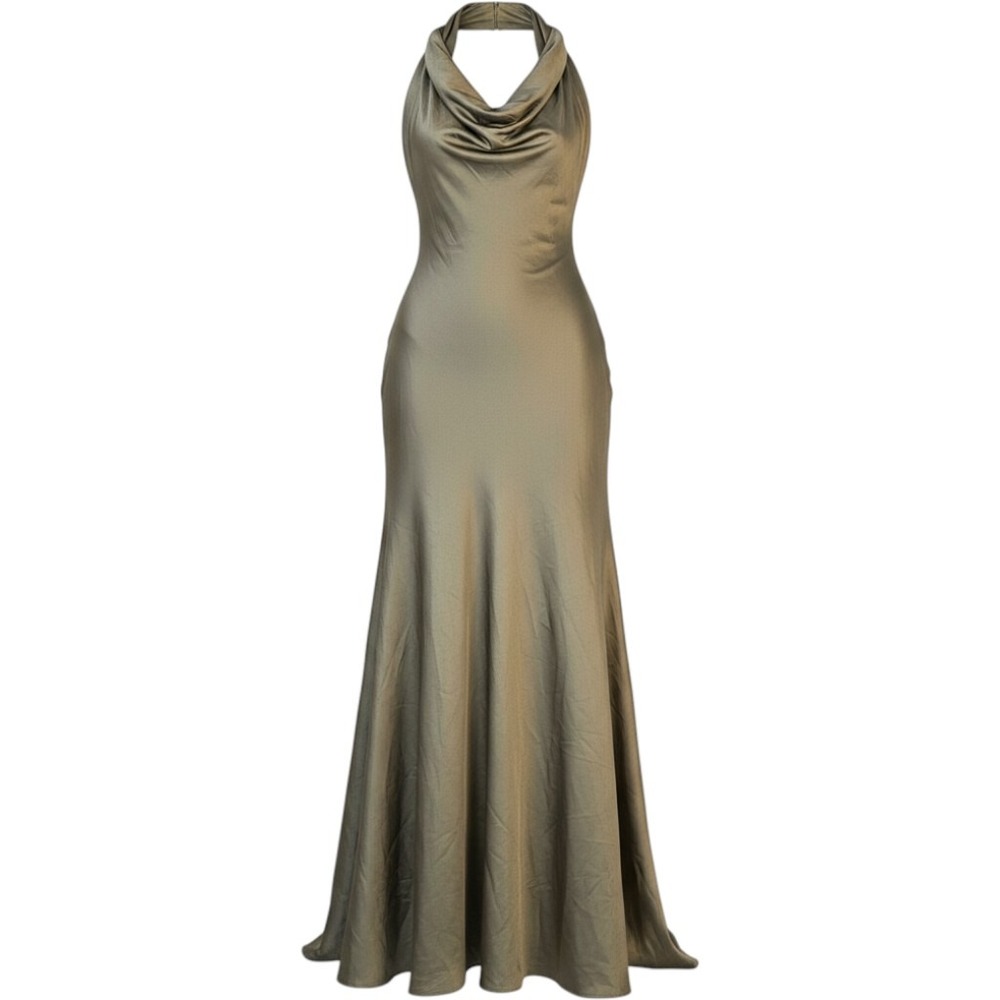 Fashion Nova Olive Green Satin Cowl Neck Halter Maxi Dress Gown Size M
